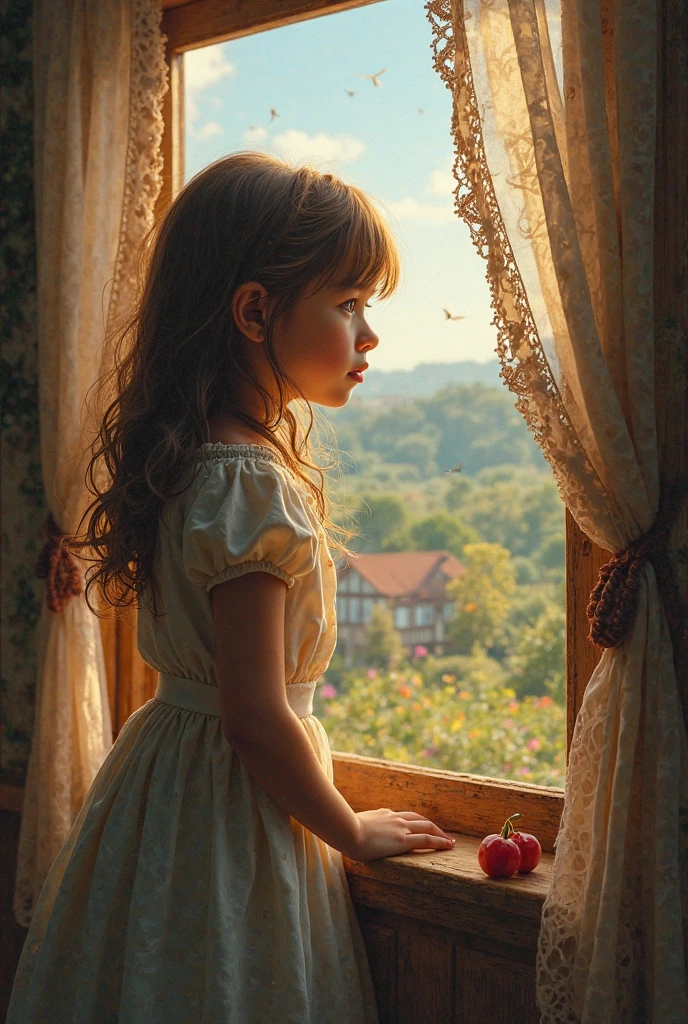 There's an 8-year-old girl standing by a window looking out, bela arte digital, luz fria da janela, A menina no peitoril da janela, near the window, kramskoi 4 mil, olhando na janela, painting digital adorable, pintura realista da menina bonito, luz suave da janela, lindo pintura digital, olhando pela janela, pintura digital bonita