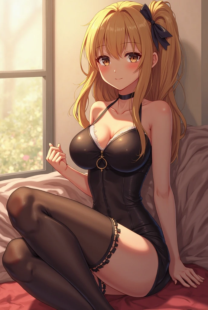 ((Best quality, 8K, Masterpiece :1.3)), Beautuful Women, 1woman, huge tit:1.3, ( slim toned body,very skinny:1.1), blonde hair, (sitting in the couch, crossedlegs, a mini skirt:1.3 ), Ultra-fine face, Detailed lips, A detailed eye,See-through pantyhose ,cutout between underboob、