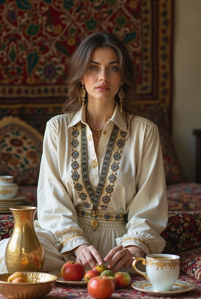 Close up, woman, blonde, plump, green eyes, wearing a latest style blue embroidered and decorated caftan, it is the Algerian scarf around her neck, white and green, looking directly at the camera, she is standing on a very beautiful salon