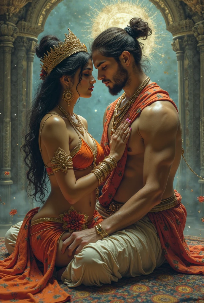 A captivating Indian couple, adorned in vibrant red saris, pose for an alluring picture that exudes a provoking Hindu aesthetic. The man, with a muscular physique, performs an intimate gesture by gently grasping the woman's waist, adding a sensual touch to the image. The woman, a breathtaking Indian goddess, captivates the viewer with her long, lustrous hair and nubile body adorned with intricate gold jewelry.

The Indian master, known for his exquisite eye for detail, skillfully crafts this masterpiece by highlighting the couple's full human hairy bodies, creating a striking contrast against the vivid red saris they