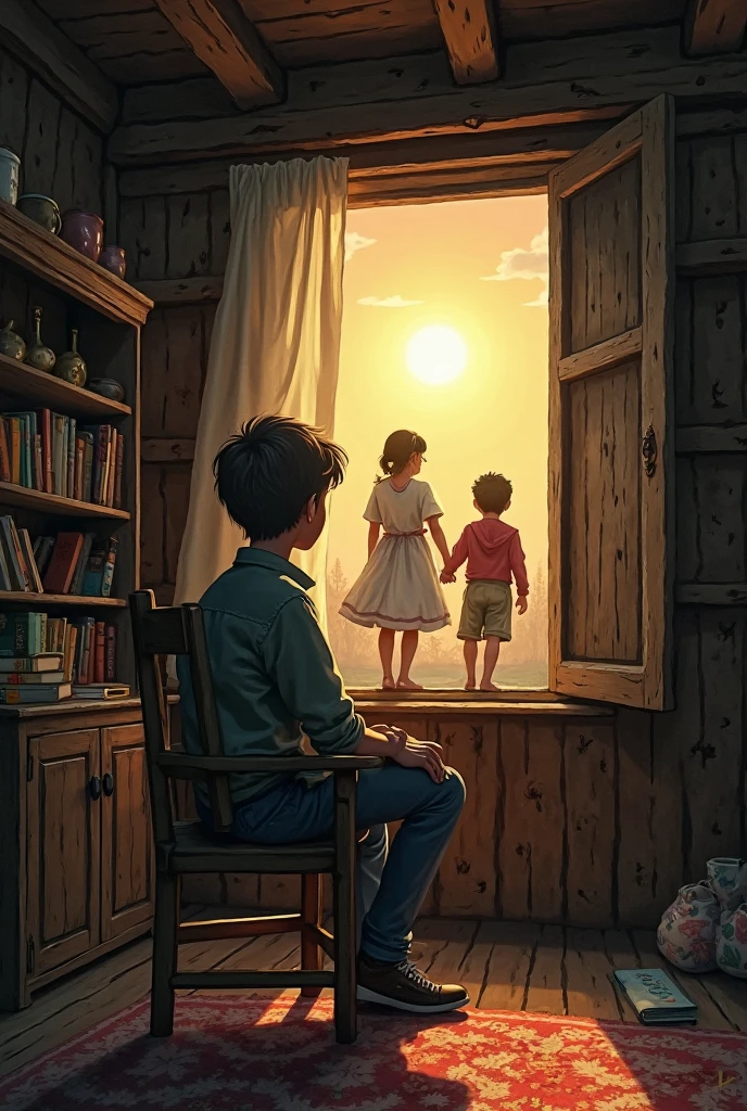 Creates a not so realistic image of : THE SUN IN PEDRO'S HOUSE Let there be a sun in the window and a man sitting in an armchair in the Peruvian jungle Now : creates Pedro with his mother Marta. Peter is young
