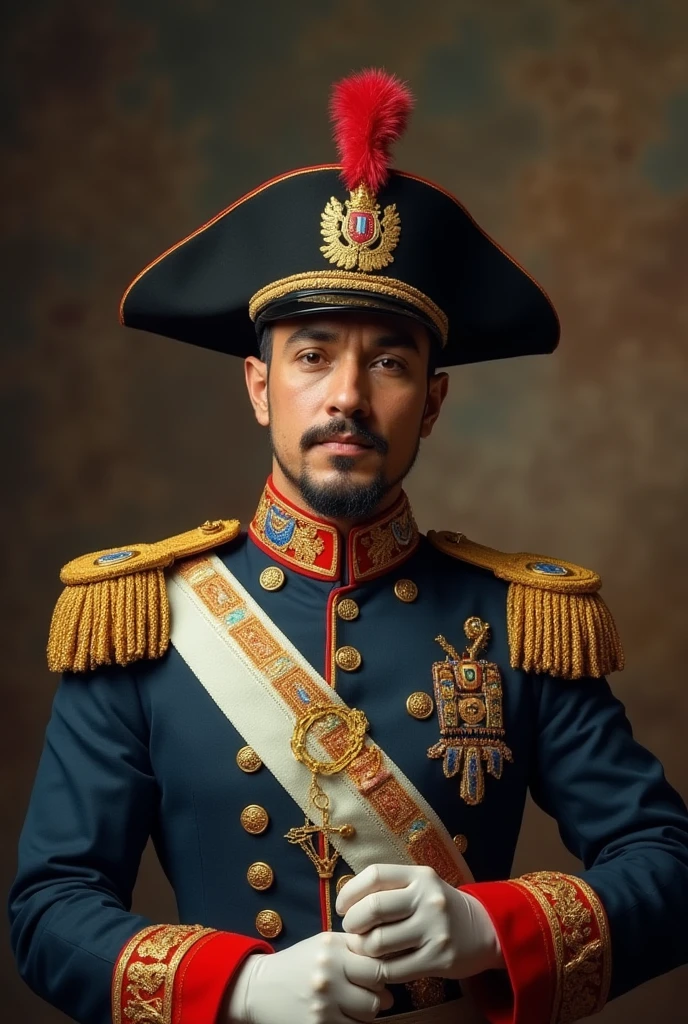 ((Best Quality)), ((Masterpiece)), (detailed), Light-teased man, Brown hair, black eyes, wearing a dark blue 19th century Mexican military uniform, sitting on the Mexican presidential chair and with flags of the Spanish empire waving in the background