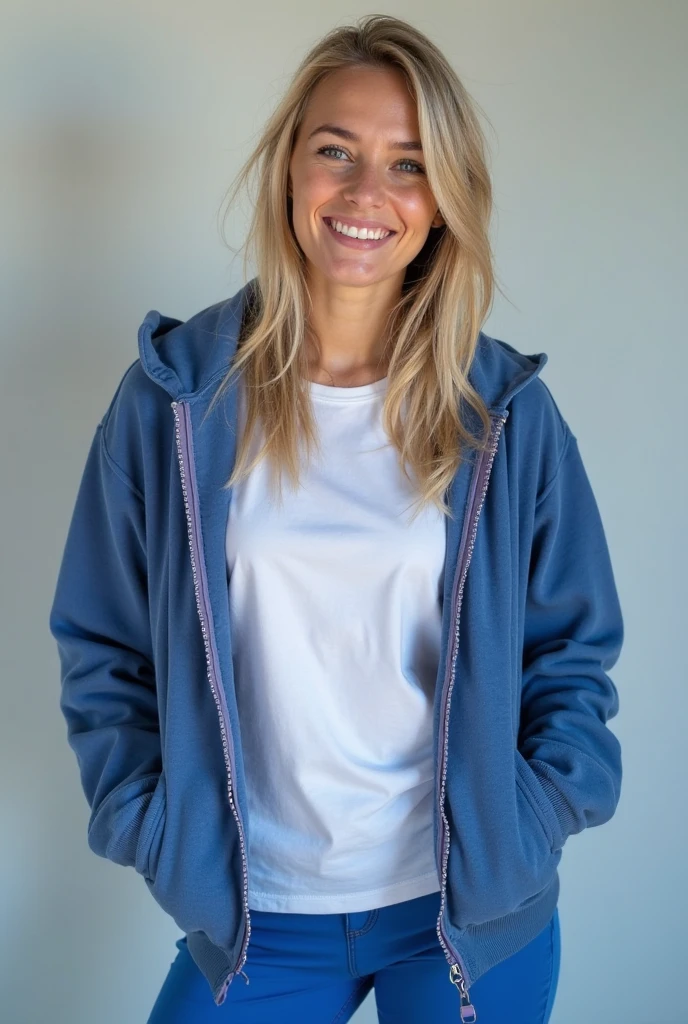 Front view of a magnificent young woman with blue eyes, this woman has short and curly hair, luscious lips and is in the kichen, she is wearing a boho hoody and blue jeans shorts, laughing while doing projects