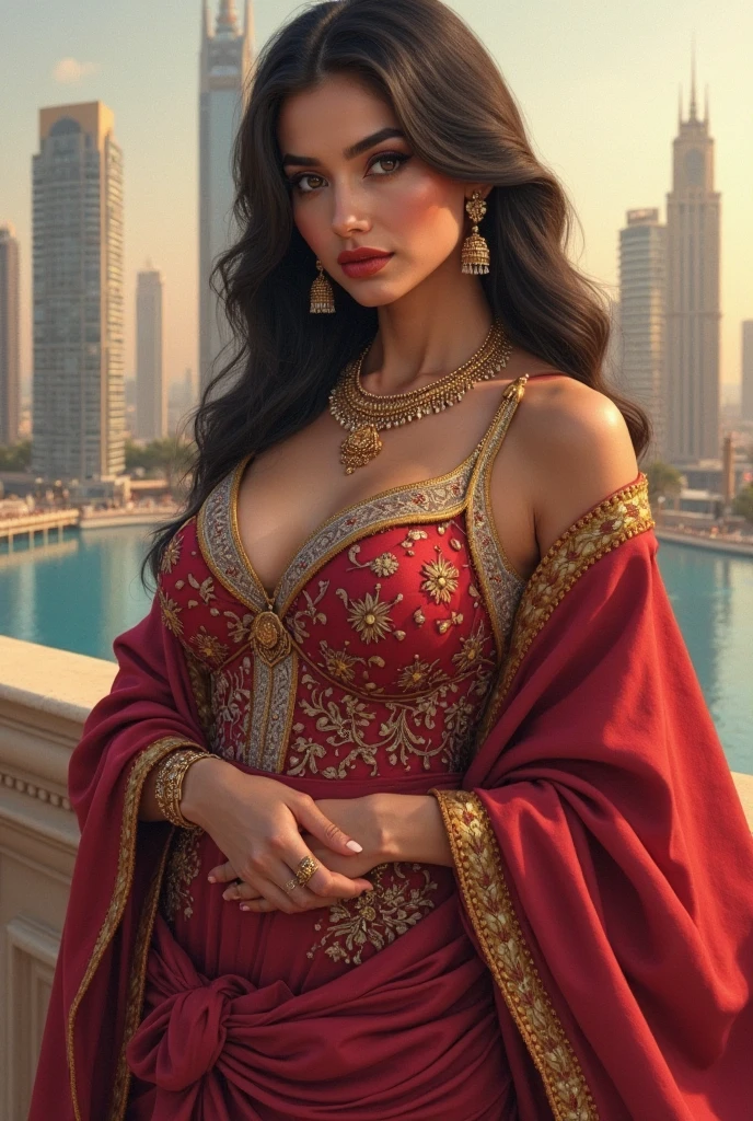 (realistic:1.3), insane detailed, quality, (masterpiece:1.2), (photorealistic:1.2), (best quality), (detailed skin:1.3), (intricate details),, woman,  portrait of java wedding woman in pink long kebaya dress traditional, red lipstick, golden necklace, earrings, ornate, detail, flowers, street background, soft focus, Breast cleavage, detail, slim body, (((full body))), eyes on camera, face on camera,pin heels,(cute face:1.15),(huge breasts:1.2)
