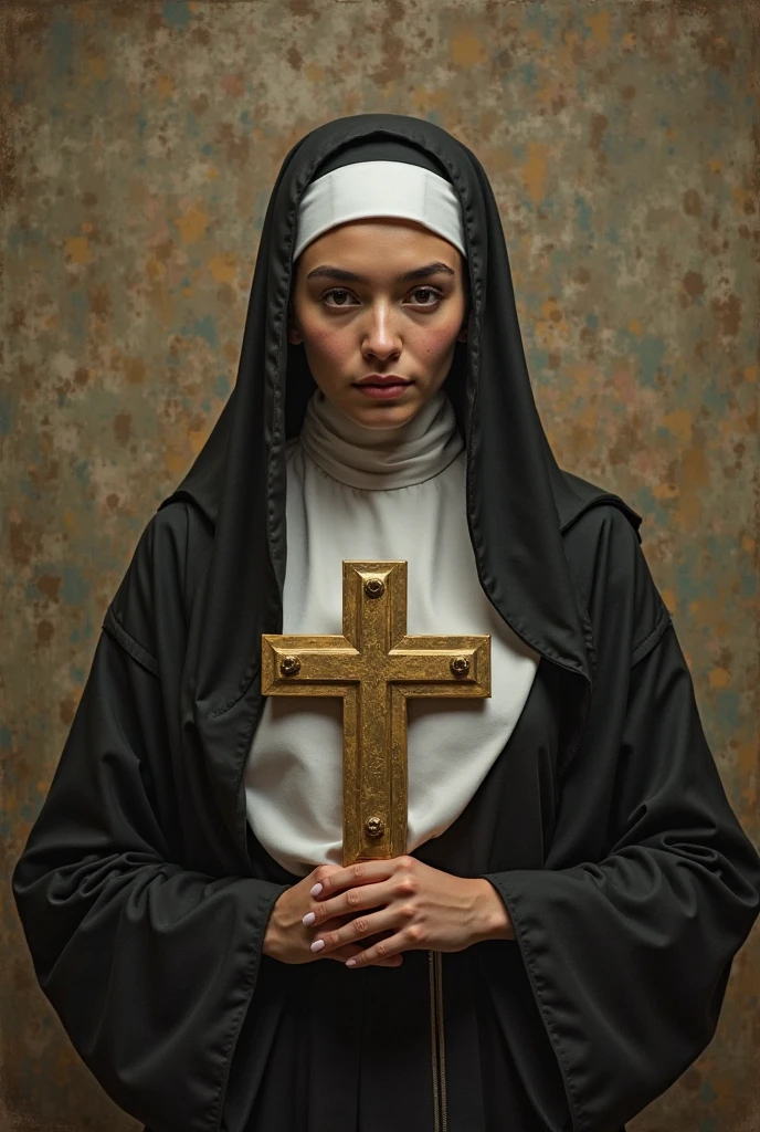 Woman with sweet face smiling with dark navy blue and white nun's veil and crown of red pink roses with a cross in her hand real photo