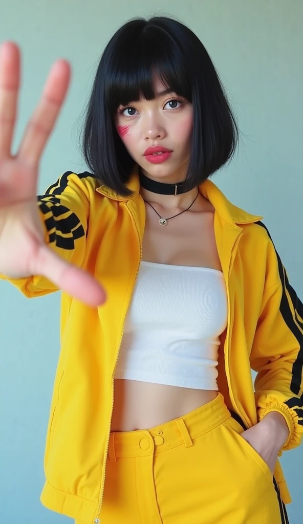 punk idol、whole body、good style、、、、、gold swimwear、Hooded truck jacket、