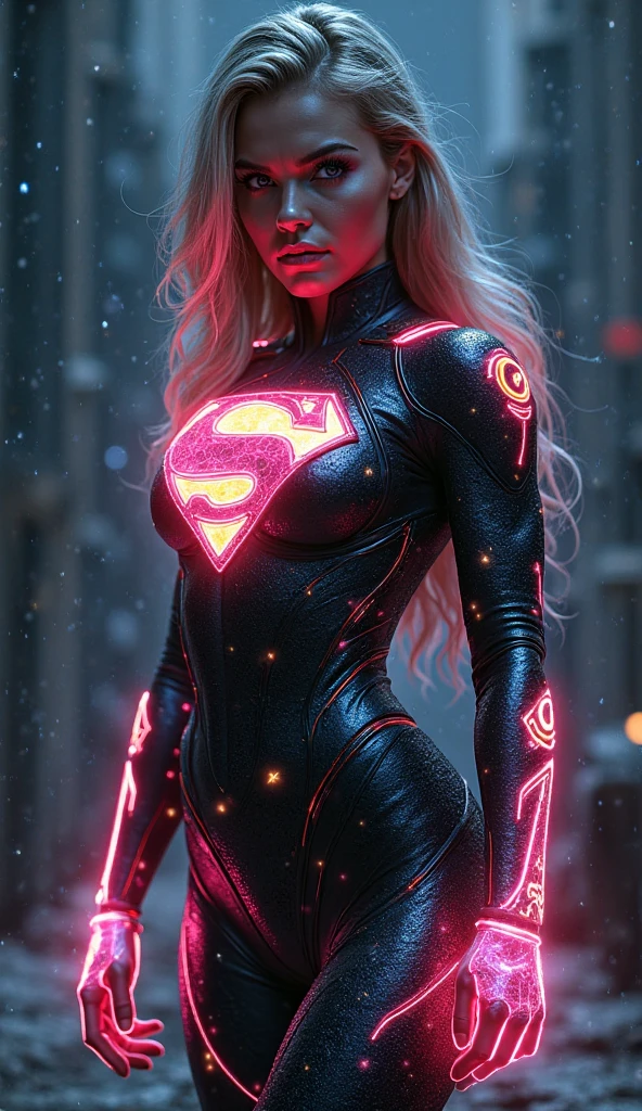 (best quality, master part, absurdos)), 1girl(Supergirl),20 anos, corpo definido, expressivos e olhos azuis,  enormes, usando uma capa vermelha, nu, peito enorme, quadris largos, arm prosthesis, paternal prosthesis