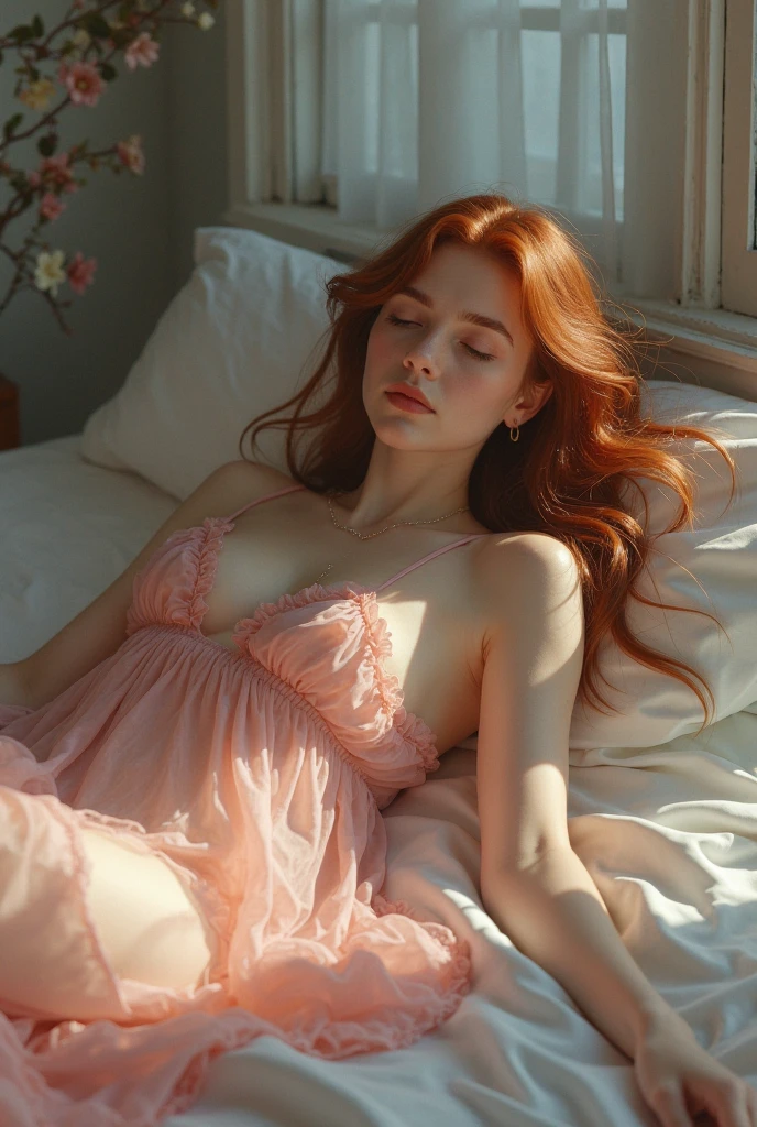 1girl in, age19, Solo, Aesthetic artwork, irish redhead, wavy ginger hair, shoulder length ginger hair, gray eyes, light grey eyes, some small freckles, pale skin, A-cup, ???????????, runners body, (textured skin, skin pores:1.1), (moles:0.8), imperfect skin, goosebumps, in a dark bedroom sitting down, relaxing, innocent, (extremely detailed 8k wallpaper), (soft lighting), high quality, film grain, Fujifilm XT3 sharp focus, f 5.6, 50mm, High Detail, Sharp focuoudoir light), in a pink silk nightgown. Silk, A pink nightgown, lace pattern, poking through, crazy details, complex details, hyperdetailed