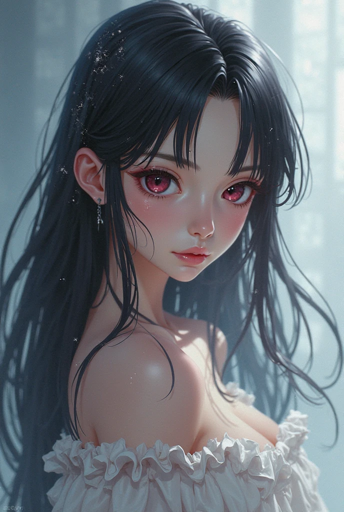 photorealistic, lip gloss, realistic, best quality, ultra high resolution, depth, pastel color, natural shading, focus on face, serious, powerful, smart, looking at the viewer, perfect body, long hair, black hair, brown and well-detailed eyes, small breasts, white dress, lingerie, gloves, anatomically correct