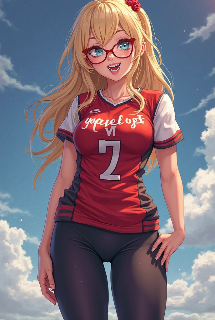 Teenager with wavy hair, white with blue eyes, attractive with glasses and red volleyball suit