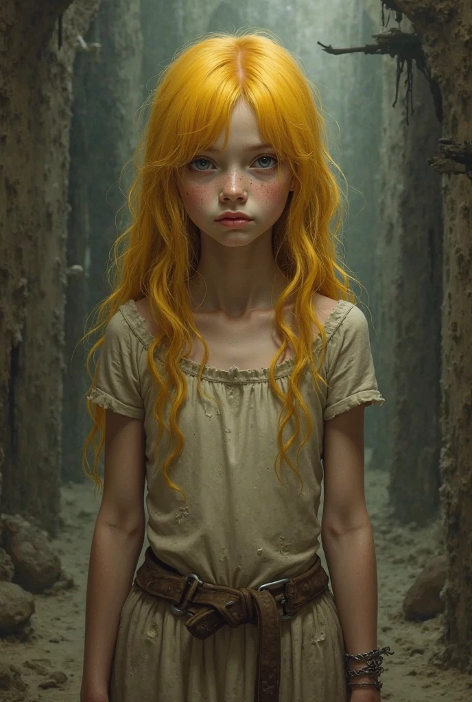 A boy with semi-long yellow hair and orange at the end, fearful, with yellow orange eyes
