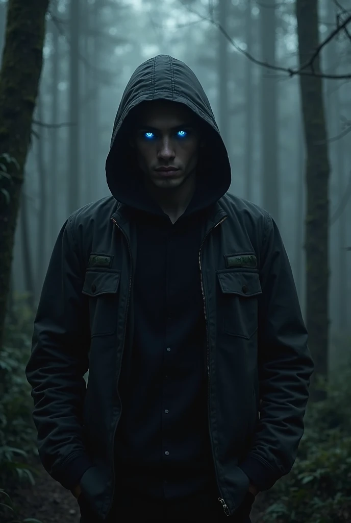A man in a dark blue hooded robe that covers his entire body except his face, but his face is totally invisible because of the shadow that covers it, and only his eyes can be seen, shining with a blue light