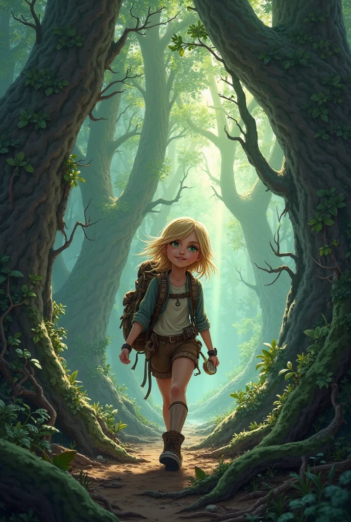 A 11 year old girl that has blonde hair 
Blue eyes In a forest 
