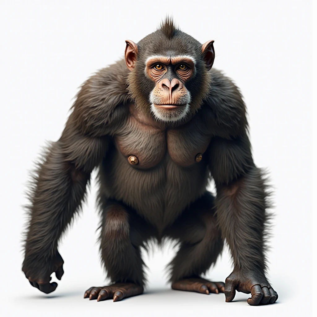 A very overweight, naked and hairy Neanderthal crawls backwards through a white room. The Neanderthal is fully depicted in the picture. It looks very realistic.