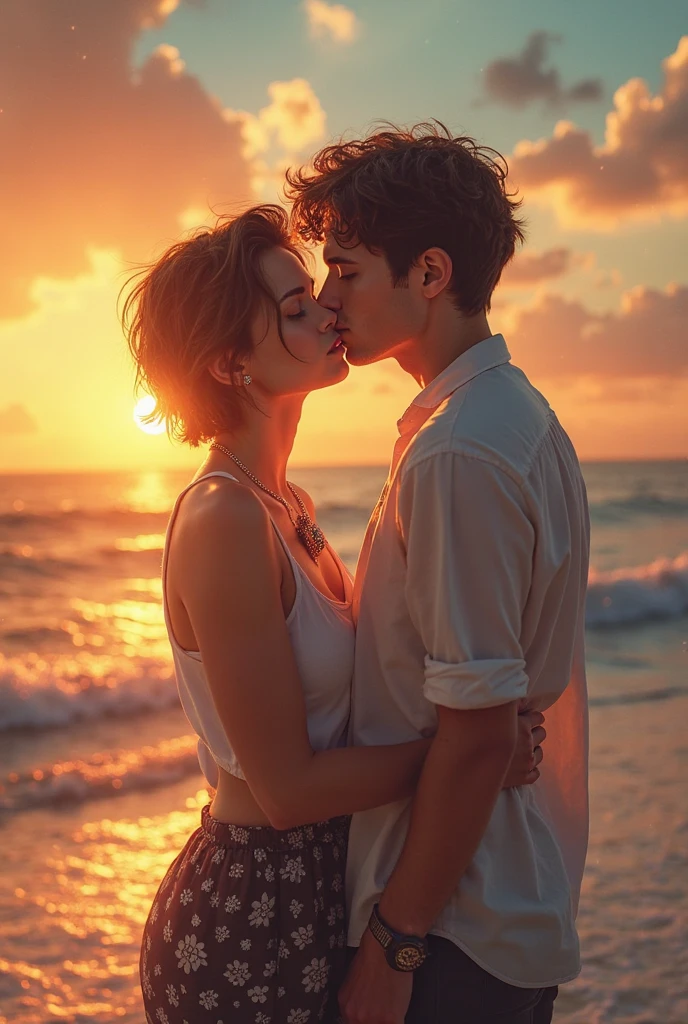 Sky painted with love:
A cover that features a picturesque sky at sunset, com tons quentes de laranja, rosa e dourado. no centro, a couple holding hands looking at the horizon, representando o amor que os une.