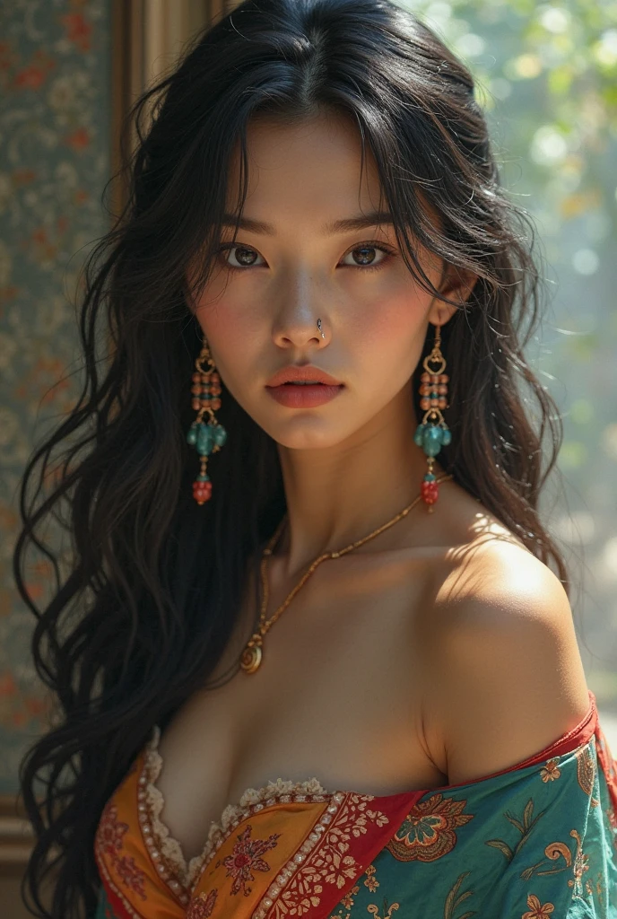 (Front Focus),Surrealist portraits of women by David Hockney and Alphonse Mucha,((ultra gigantic tits))、((Upper body naked))、( Exposed)、((Grand Canyon))、Valley、((Engaging pose))、Fantasyart,((Brown-skinned))、((Light brown braided hair))、((Sexy Native American Costumes))、((Sexy Native American Costumes))、((Sexy Native American、Native American clothing with less fabric))、Sexy Native American costumes beautifully embroidered,Decorated with fine embroidered Native American costumes and fine jewelry,photographrealistic,Dynamic Lighting,art stations,poster for,Volumetriclighting,extra detailed face,4 k'',((Colossal tits))、With diamonds,Sexy thighs,exposing the abdomen ,Chest 1 Girl, In the Dark, deepshadow, low tune, Cowboy Shot,(official clothing:1.4), The eyes are confused and seductive,legs separated