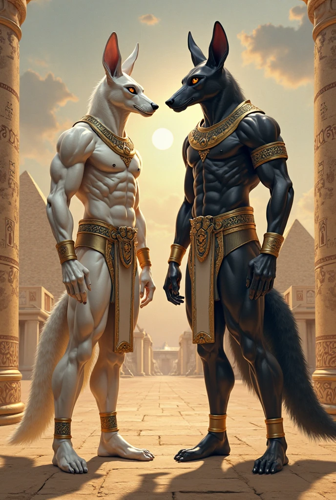 ((realistic)), upload on e621, by Garmash,Ruan Jia, darkgem, anthro, male, ((( detailed fluffy fur))), ((sitting)), detailed realistic painting, (((biceped))), (((shaded))) extreme detail, ((anubis)), loincloth