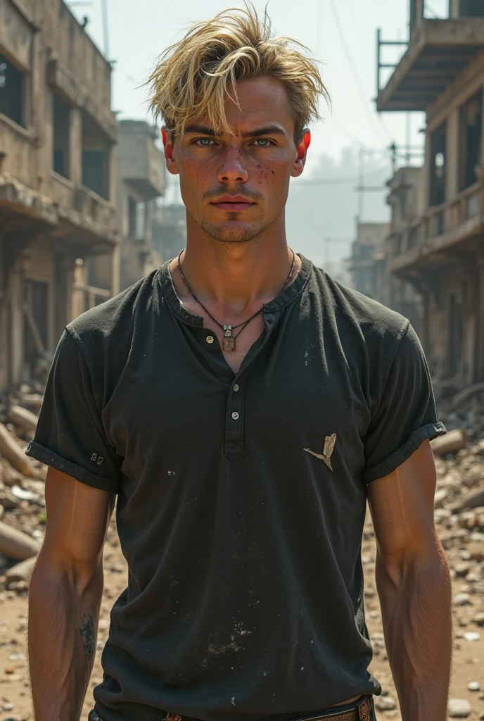 Teen male, 3boy, skinny body, in group, mud, atmospheric, cute masculine square face, short hair, dead inside, tight cargo pants, topless, bokeh, background blur, rain, fog, sunset, chromatic aberration, wasteland, post apocalyptic, sitting, kissing