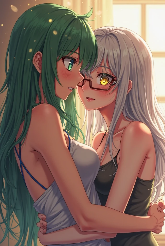 "Little lust scene, 4k, An mature couple intimate embracing. The woman with flowing white hair and mesmerizing green eyes, and the man with black hair and sharp green eyes."
