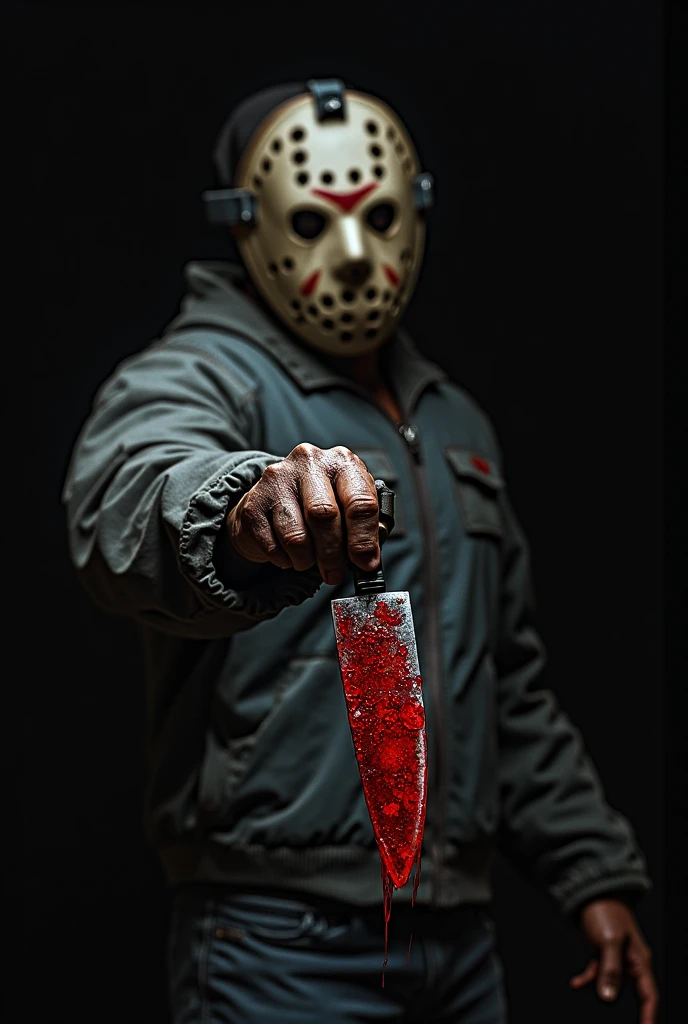 The image shows a bloodied hockey mask with a reflection of a terrified victim in the forest behind the killer.,Friday the 13th,jason vorhees, male