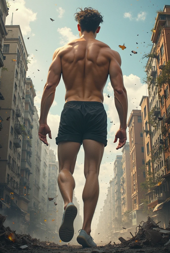 A handsome 20 year old boy, redhead with freckles and who wears glasses that possesses divine musculature where the muscles of his entire body are enormous.
He is well-shaven, with no beard..
The muscles in his legs and thighs are bigger than those in his torso, and he's wearing extra long white football socks that reach up to his thighs. He is levitating in the sky..
He has a face with a Machiavellian look while in the background you can see a city destroyed by the.
He wears extra-long white soccer socks that he pulls up high above his knees.