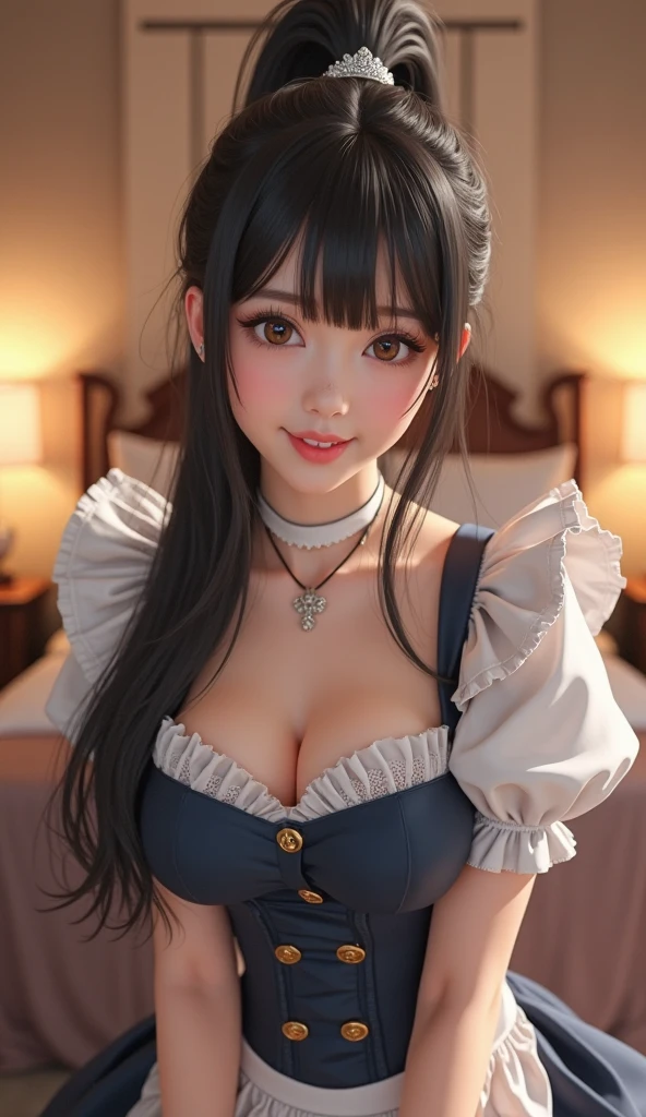 {8K Photo Quality:1.2}、{Ultra-high resolution photo quality:1.2}、{Super Real 1.2}、{Perfect limbs}、masutepiece、1womanl、Solo、White and Blue Companion Costume、耳Nipple Ring、Cute Necklaces、Pleated ruffled skirt、Puffy nipple、Luxury hotel beds、Shyness、Dynamic sexy poses、smil、Long Wave Hair、medium breast size、Stockings、laying on top of bed
