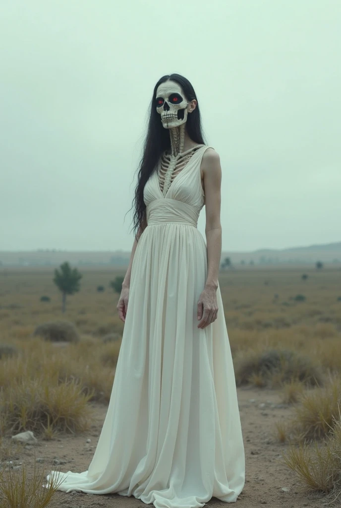 A beautiful woman with long black hair, half of her face covered by a skull-shaped hat, walking on a dirt road.