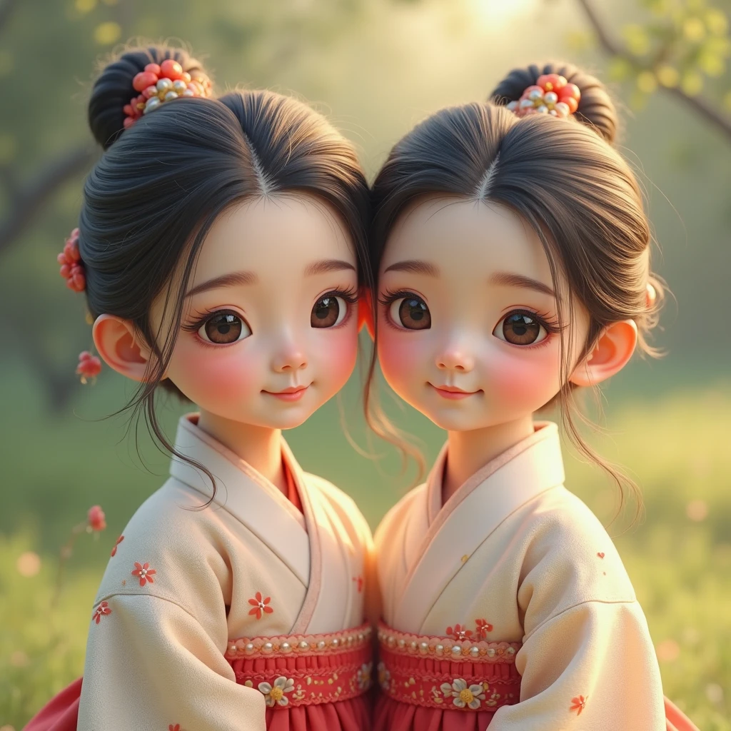 Castle full of flowers，afternoon sunlight，Two little girls，Wearing a light cyan Hanfu，black color hair，There is a butterfly hairpin on the head，laughing heartily