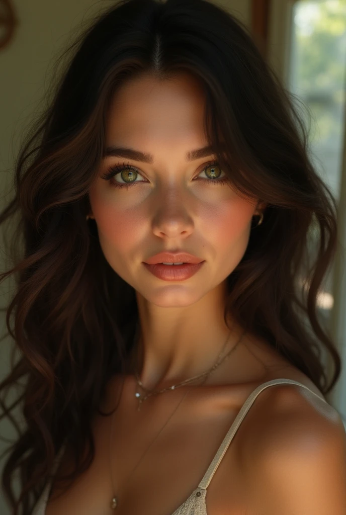 (best quality,realistic:1.37),high-res,ultra-detailed,painting,portrait,vivid colors,warm tones (best quality,4k,8k,highres,masterpiece:1.2),ultra-detailed,(realistic,photorealistic,photo-realistic:1.37),studio lighting,beautiful detailed eyes,beautiful detailed lips,artistic style,a brunette girl,,full body,long hair,confident expression,sophisticated clothing,daytime,bright sunlight,tinted windows,attention to facial features,detailed background scenery,lush green trees,city skyline, wearing sexy black dress, navel clearly visible