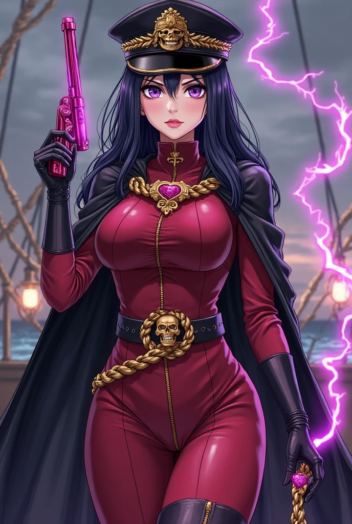 melhor qualidade, Girl long hair long dress long breasts cape red medium belt black bright red eyes, cabelo preto, colar, pose fofa, black collar high black pants, angry expression at the corner of his mouth, pose de lado, batom vermelho na boca, dentro de um navio, em alto mar, mar atras, Olhos vermelhos, cabelo curto pretos, olhos vermelhos brilhantes, pirata, navio de pirata, Pose para foto, com uma katana, segurando um livro, arqueologa colar, bracelete, usando oculos de arqueologa, boa hancok Cobra amarela pose sexy oculos roxo