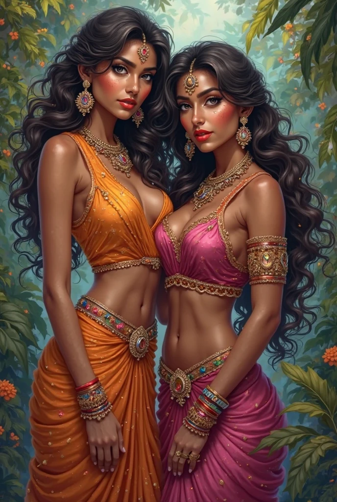 1female, 50-year-old, indian, bimbo, ifbb. gold bra, translucent skirt, long hair, dark skinned, detailed face