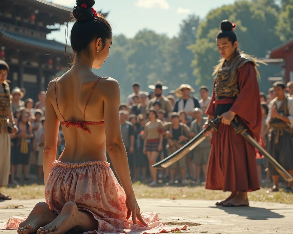 （best qualtiy），（solo person++），Woman in red costume，（（Kneeling pose，Point at you with your ass））mature，(Female captive+)，Flirtatious，cabelos preto e longos，hair-bun，huge tit，Fragrant shoulders，Bare legged，Jade foot，Barefoot，Barefoot，(binding)，(execute+)(Women cut off their heads)，(anvil，Beheaded by a large sword)，Decapitation ceremony，jewelry，Normal posture