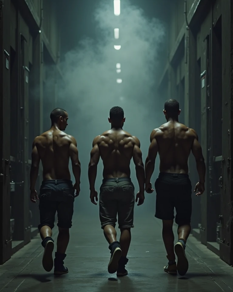 Mixed race police officer, stark, bearded, hairy man in navy blue underwear pointing a pistol at another black man on his knees, inside a public bathroom surrounded by men.