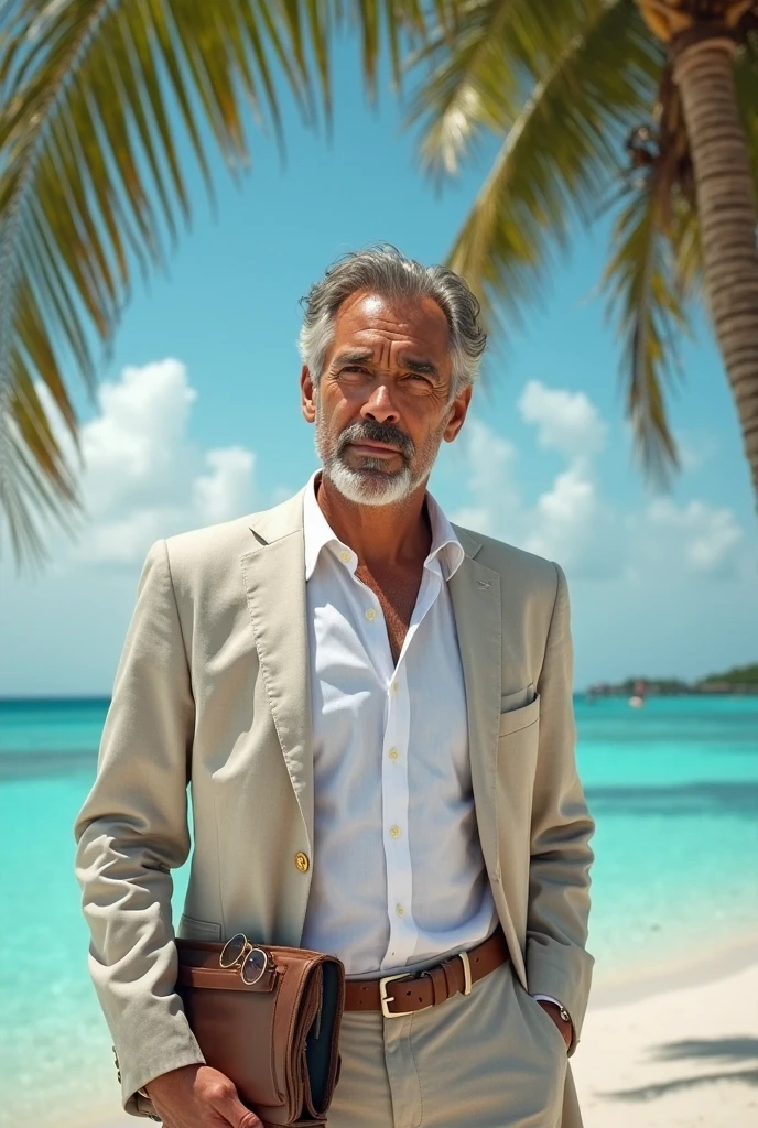 um homem rico de 45 anos, bem sucedido, is on a paradise island, a luxury boat appears in the scene