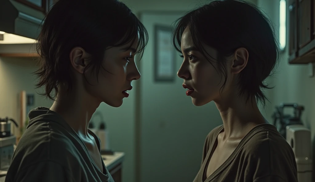 Saki Kumagai and Kenta Kumagai in live action, facing each other, more ugly, one of them male