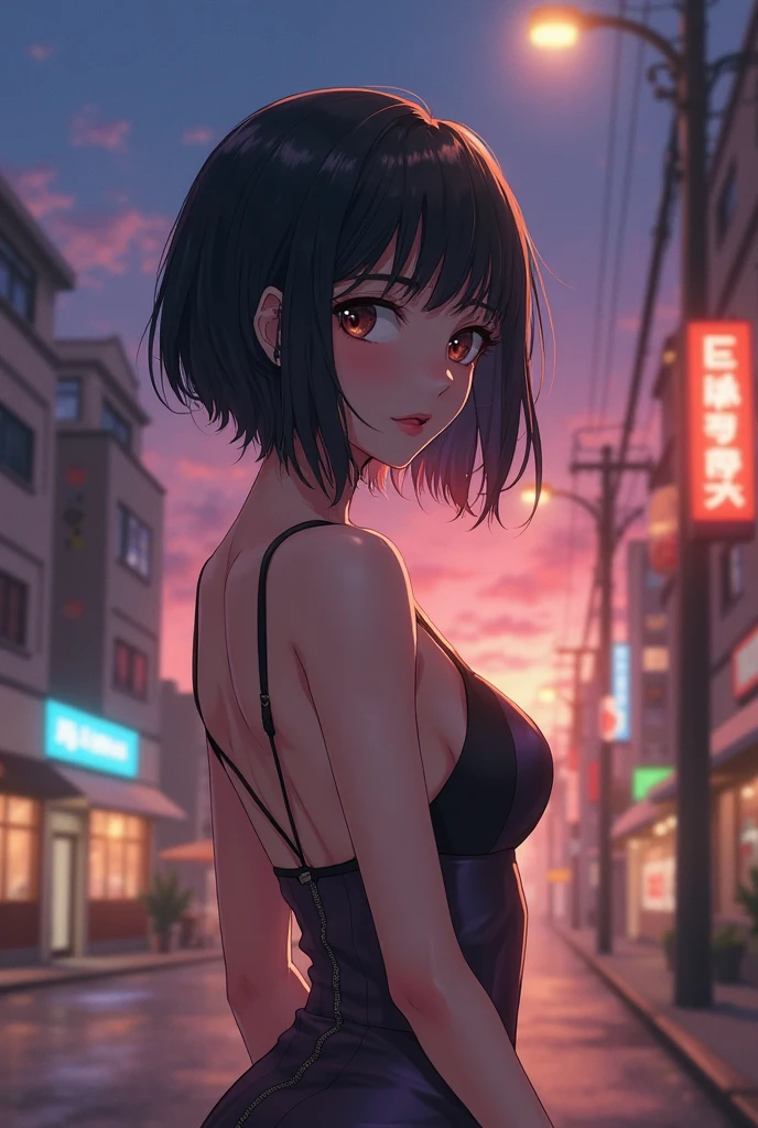 An anime character: A black woman with dark eyes. Her hair is short and black. He wears a short black dress.