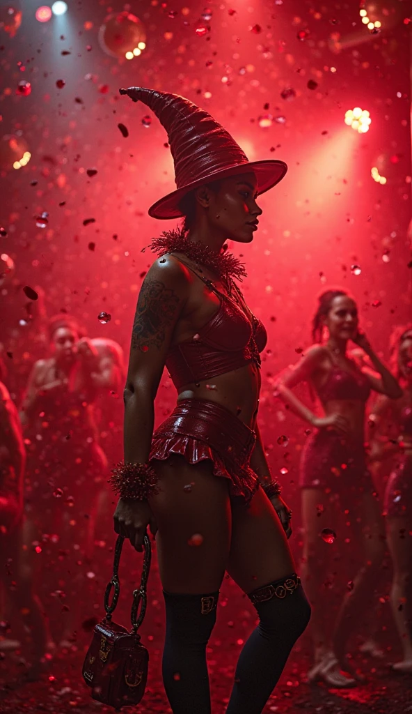 1970s photo of African-American female rapper "Sexyy Red" wearing psychedelic print thongs, she is wearing red high heel shoes, she is standing under a lamppost, she has tattoos on her body, she has fire red hair, outside, night, cinematic action, atmospheric perspective, depth of field, textured skin, super detail,