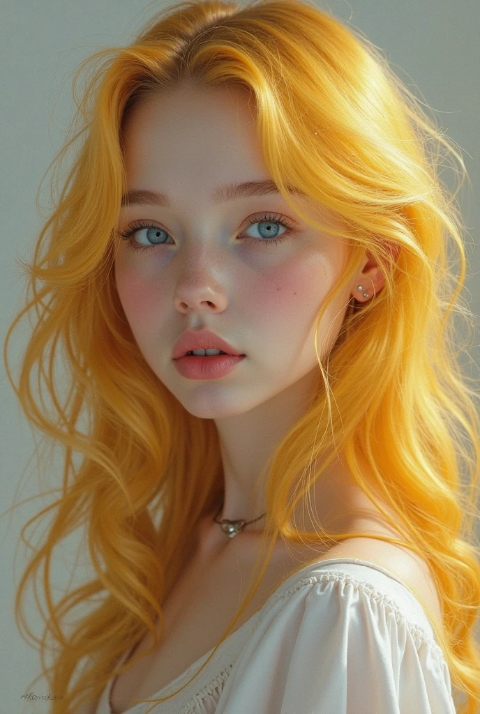 chibi style masterpiece,best quality,bellissima,1 girl, alone, half body, yellow hair, cute, adorable, bright colors, cheerful, highly detailed, smile, all yellow background
