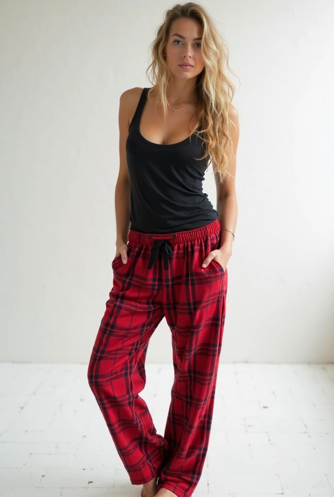 Hot blonde 35 year old woman standing in bedroom wearing black cropped short sleeve shirt and red flannel pajama pants and short white Nike ankle socks. Zoomed out Full Front view show legs and feet