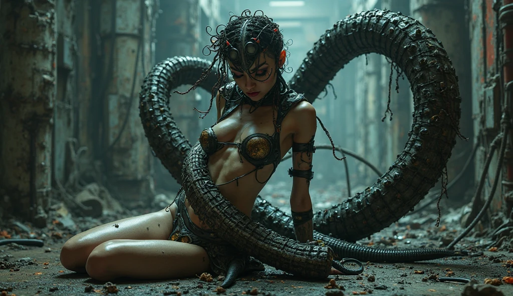 a woman standing next to an alien like creature, human-animal hybrid, masahiro ito, human chimera, humanoid animal, cryptidcore, cgsociety 9, creepy mutant flesh creature, necromorph, centipede, junji ito's uzumaki, snake woman hybrid, lovecraftian creature, quadrupedal, quadruped, twoddle
