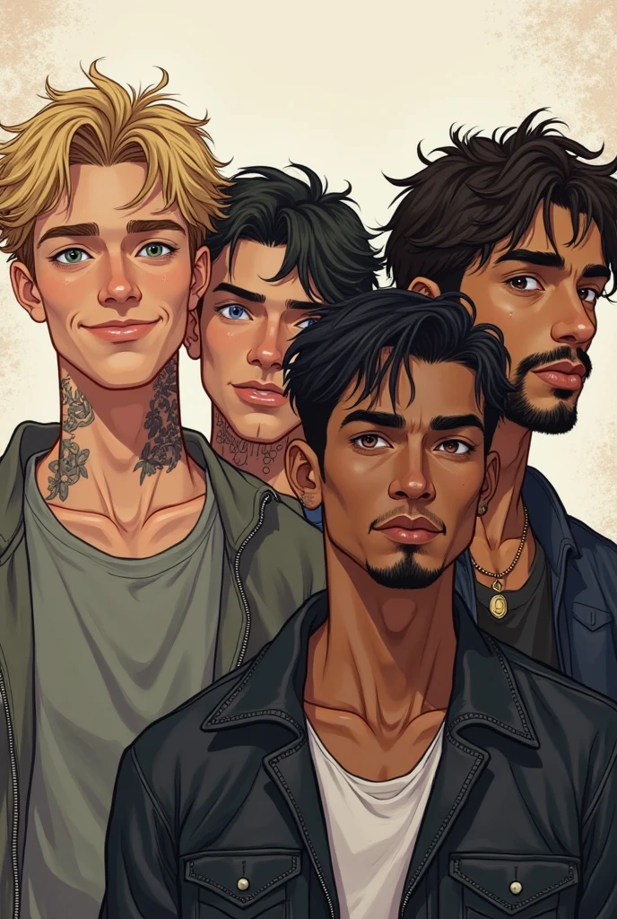 Six young people are lined up back to back, each displaying distinct characteristics that reveal their unique identities.

The first young man sports wavy brown hair that falls in voluminous waves to mid-back.. Your fair skin, visible up to waist height, is marked by a tribal tattoo that symbolizes the ocean, snaking elegantly down her back.

The second young man has blond hair that extends neatly to shoulder length.. Your posture is upright and well defined, along with fair skin, suggests a figure of authority and leadership.

The third young man has curly blond hair that is slightly darker than the second young man., that spiral down to the base of the back. Her smaller figure and more relaxed posture highlight a youthful and energetic appearance..

The fourth young man shows white hair that falls in a straight length to half of his back.. Brown skin is visible in scattered areas, and a discreet tribal symbol on its back reveals a connection to the water element.

The fifth young man has straight black hair that reaches down to his shoulders.. Her relaxed posture and the way her hair falls evenly down her back convey an air of introspection..

The sixth young man has black hair., smooth and shoulder length, but with a more reserved posture. The hair is slightly shorter, and the way he falls suggests a depth of character, with a calm and contemplative presence.