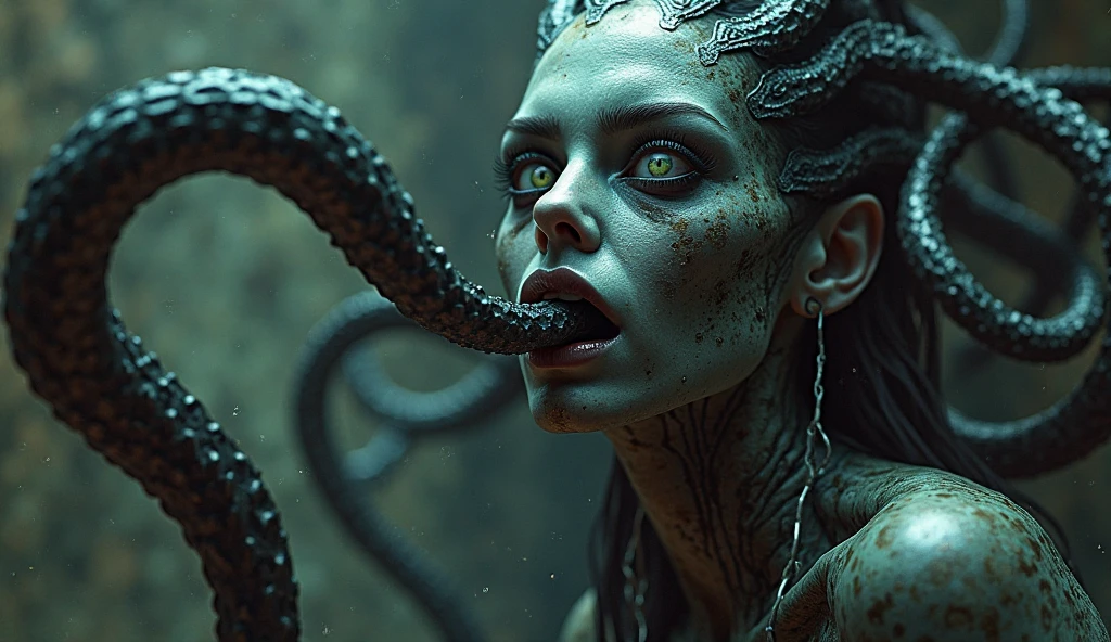 medusa, Medusa's snake hair, scary, horrible, terrifying, cinematic lighting, ambient lighting, sidelighting, Exquisite details and textures, Macro Photo grotesque Cyber fantasia where the eerie, the weather is bright, head and shoulders portrait, hyperrealistic, ultrarealistic, High Definition, magical and mystical, detailed and realistic, unreal engine 5, high octane render, Volumetric lighting, 8k,more detail XL