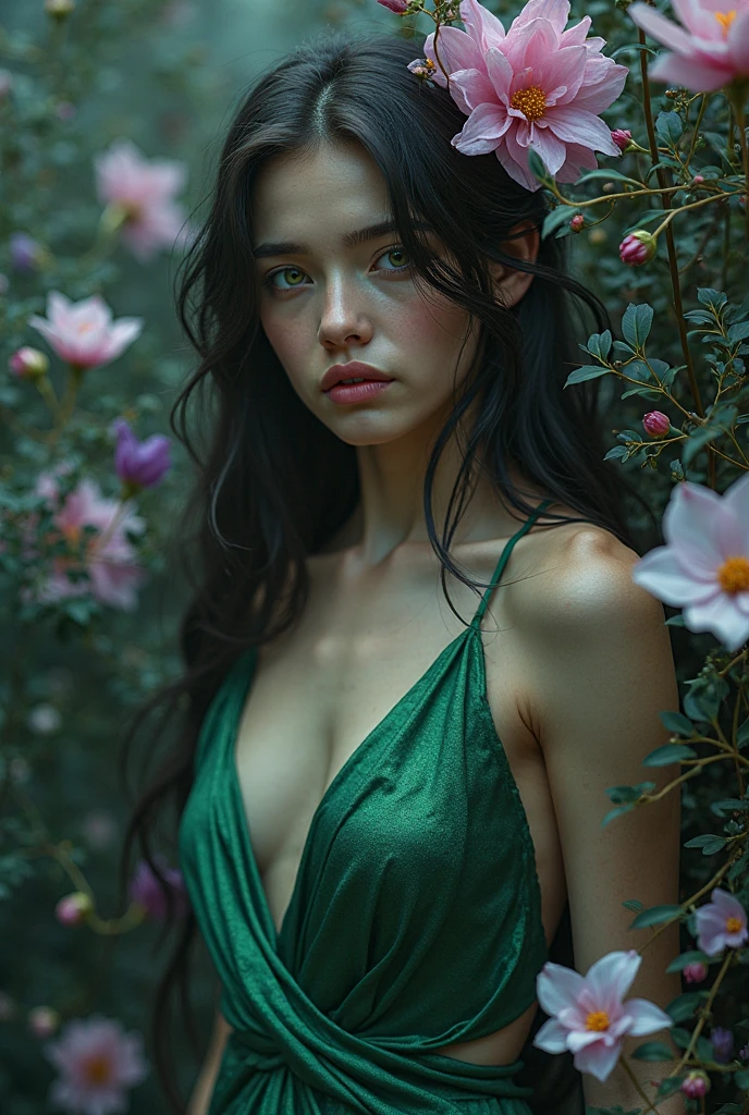 a girl. face sent feeling. Europe. Oval face. long face. delicate facial features. sad eyes. seductively seductive. green eyes. long straight hair. green hair. sulky expression. wreath on head. big breasts. big thighs. green silk nightgown. straight face. shy. sexy standing pose. outdoor