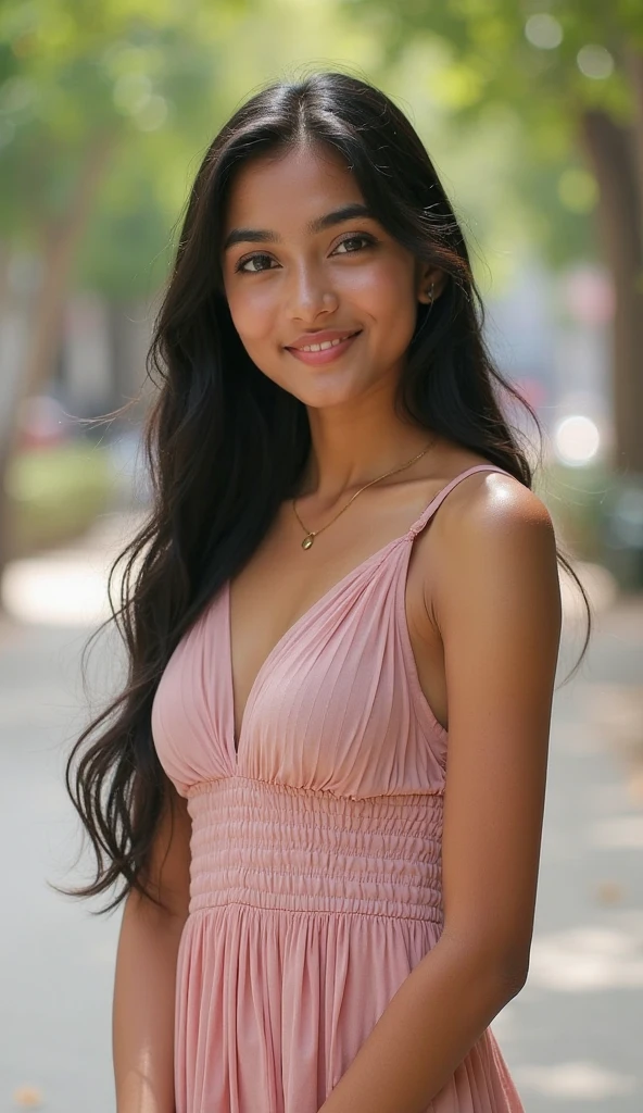 a woman in a churidar dress standing on a sidewalk, simple dress, indian, indian girl with fair skin, mid shot portrait, casual pose, with a seductive smile, close up portrait shot, close - up portrait shot, close body shot, closeup portrait shot, a cute young woman, elegant smiling pose, beautiful model,