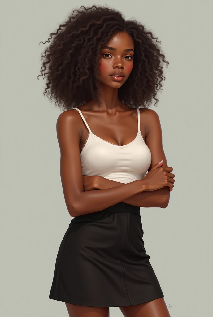 masterpiece, best quality, highly detailed, photorealistic, photo of young tall slender woman, dark skin, upper body, 8k, darkness, accent lighting, 100mm, high contrast, simple background, hands down, ((short:1.5)) curly hair, black tank top, ((shadows:1.2)), sharp focus, centered, looking at the camera, aesthetic
