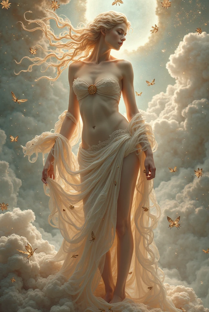 DonM41r3l3 wind, air, female golden age, compact, polynesian, amber eyes, small ears, nostril flared nose, cleft chin,    oblong face shape, well-defined achilles tendons,   , light brown pixie cut hair, embarrassment wearing strappy elastic    zebra stripes    blushpink g-string,  low-cut blouse, peep-toe heels,  , leg cross, crossing one leg over the other, evoking a sense of elegance and intrigue, ethereal lighting, soft and otherworldly light, ideal for fantasy and romantic elements, a sunny garden party, with friends enjoying refreshments and engaging in lively discussions, <lora:DonM41r3l3:0.9>