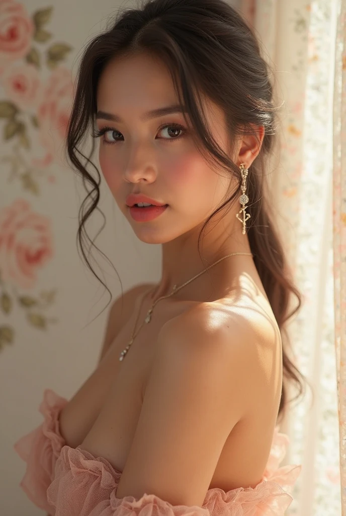 (Best Quality, 4K, 8K, High Resolution, Masterpiece: 1.2), (Super Detailed, Realistic, Photorealistic:1.37)A captivating young girl, donning a striking ensemble of red and blue, stands before a window with an air of toughness and determination. Her enchanting eyes are exquisitely detailed, capturing every glimmer and depth, while her lips boast a meticulous beauty that is both captivating and alluring. The level of detail extends to her entire face, each contour and feature meticulously rendered to perfection, creating a sense of hyper-realism that draws the viewer in. 

The girl's attire, reminiscent of oil painting art, is a work of art in itself. The fabric, skillfully crafted to resemble vibrant brushstrokes, adds a touch of dynamism to her overall appearance. It is a true reflection of the artist's talent, showcasing a mastery, (NSFW:1.5), beautiful nipples