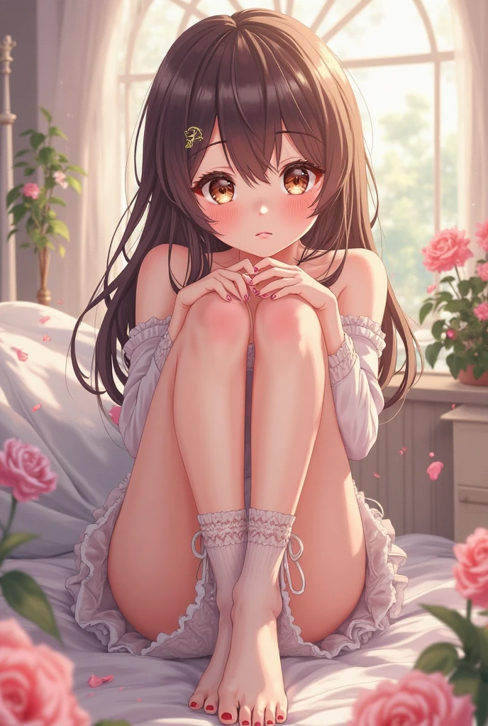Beautiful anime girl, showing soles of feet,(( 5 toed feet)),smiling, blushing