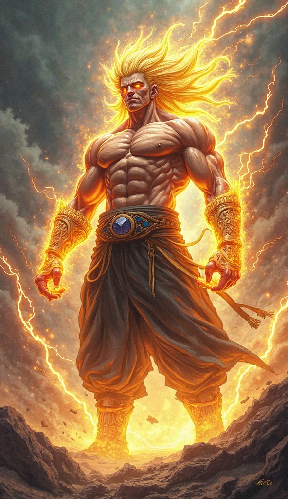 create a pale-bodied storm cleric male , white hair and yellow lightning tattoos all over his body