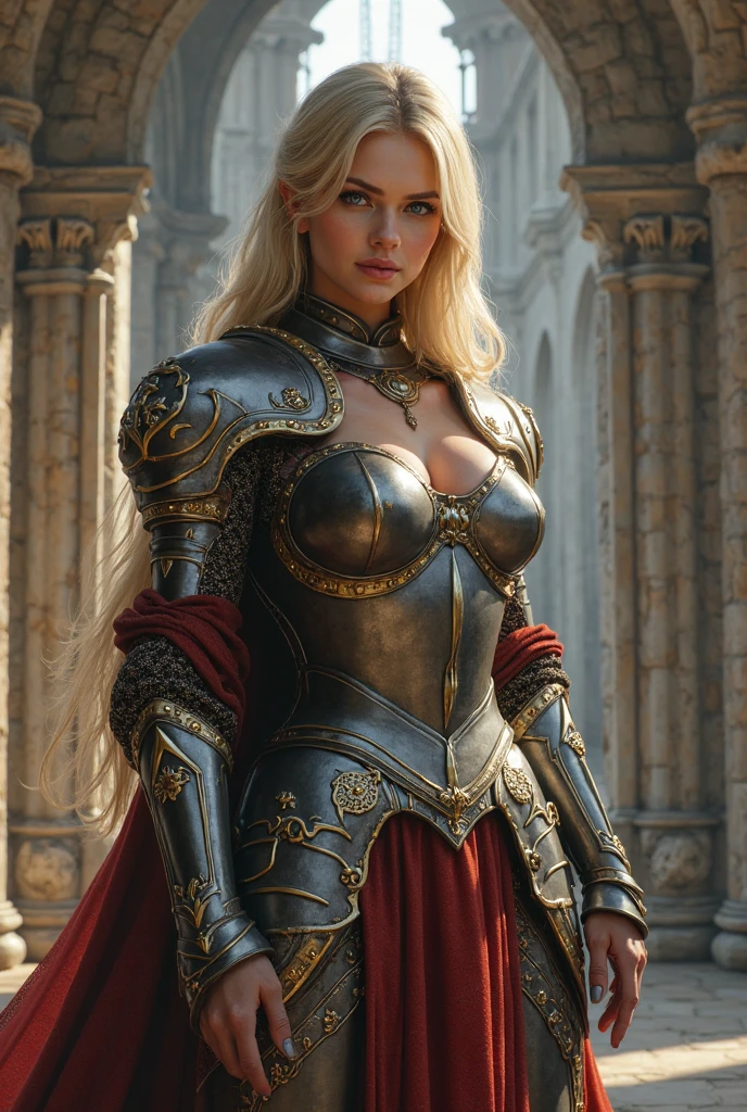 8k、Masterpiece、One Girl, 19 years old, alone, Long Hair, Huge breasts、Curved waist、Big Ass, View Viewer, Blonde, Brown eyes, gem, whole body, necklace, Ornate metal armor, Realistic, Glamorous